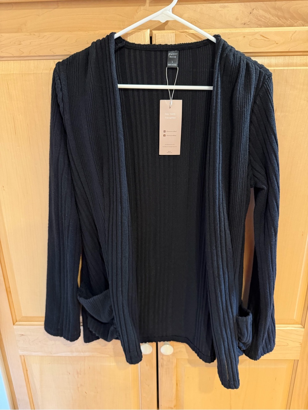 Emery Rose Soft Ribbed Open-Front Cardigan Sweater - Black
